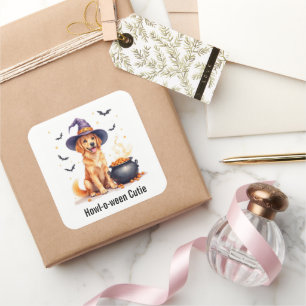 Sticker Carré Golden Retriever Chiot sorcière Halloween Aquarell