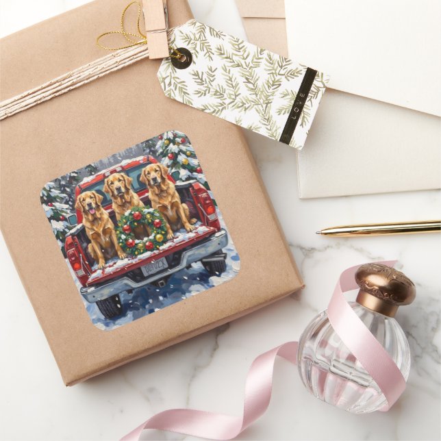 Sticker Carré Golden Retriever Christmas Red Truck Holiday (Cadeaux)