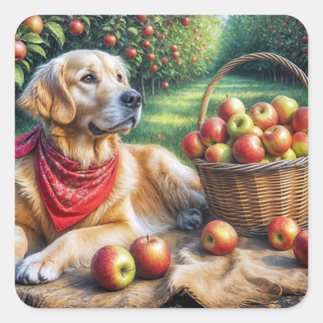 Sticker Carré Golden Retriever dans Apple Orchard (Devant)