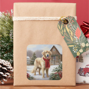Sticker Carré Golden Retriever Dog in Snow Christmas