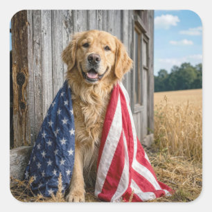 Sticker Carré Golden Retriever drapé dans un drapeau américain
