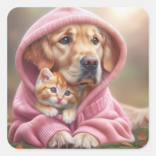Sticker Carré Golden Retriever et Kitten en Sweat - shirt à capu