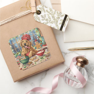 Sticker Carré Golden Retriever Gâteau de vacances : Noël festif