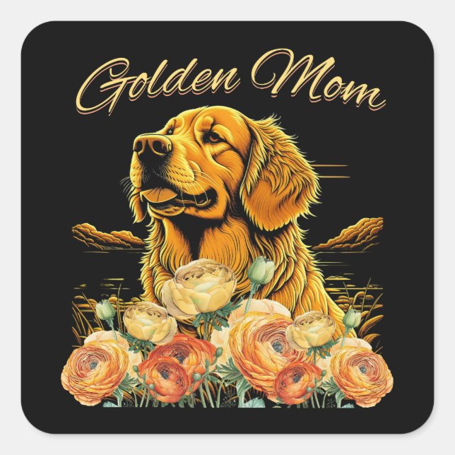 Sticker Carré Golden Retriever Maman Floral Boho Chic Chien Port (Devant)