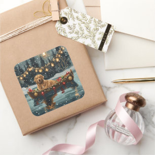 Sticker Carré Golden Retriever Noël Festive Voyage