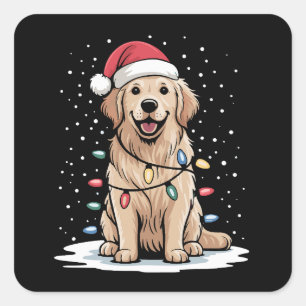 Sticker Carré Golden Retriever Père Noël Arbre de Noël Lumières 