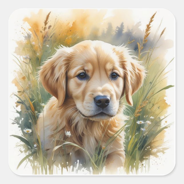 Sticker Carré Golden retriever puppy at sunset (Devant)