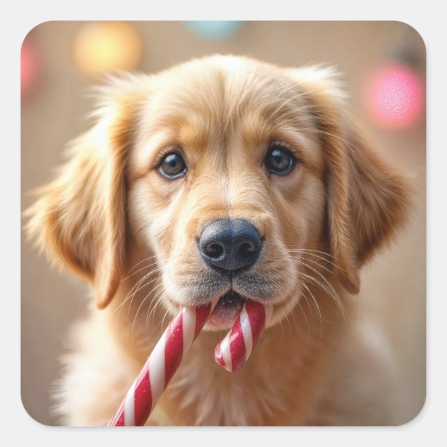 Sticker Carré Golden Retriever Puppy With a Candy Cane (Devant)