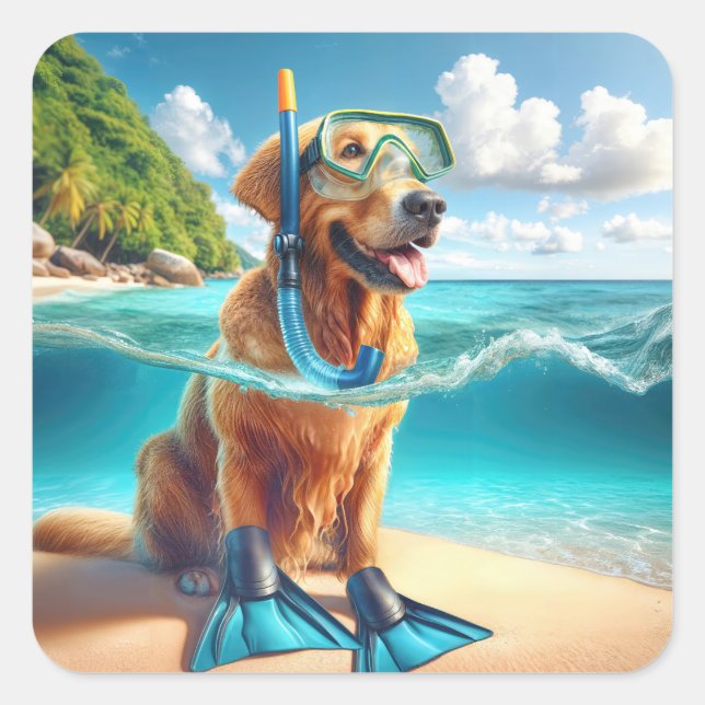 Sticker Carré Golden Retriever Scuba Diver (Devant)
