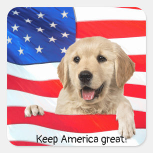 Sticker Carré Golden Retriever sur le drapeau américain