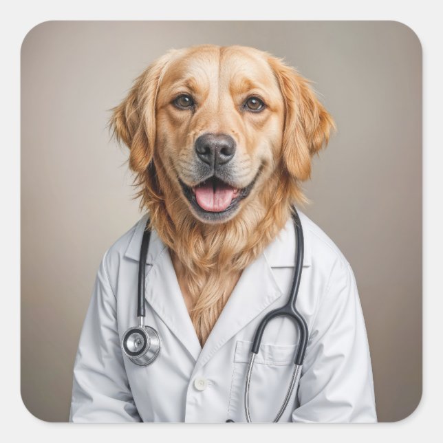 Sticker Carré Golden Retriever Wearing a White Doctor's Coat (Devant)