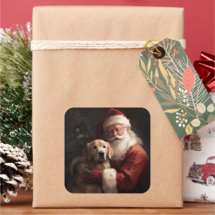 Sticker Carré Golden Retriever with Santa Clause Christmas