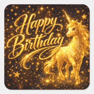 Sticker Carré Golden Stardust Birthday — Fantasy Unicorn