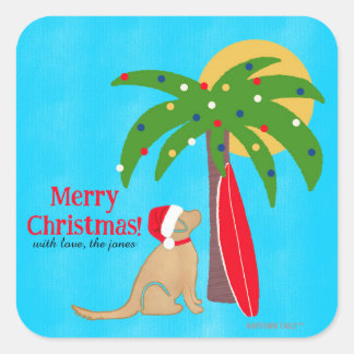 Sticker Carré Golden Surf Dog Palm Tree Sunshine Christmas