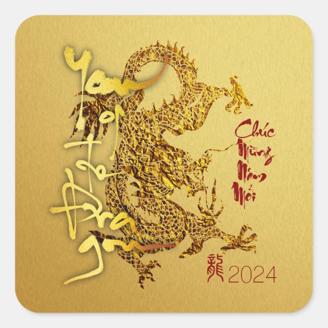 Sticker Carré Golden Vietnamese Dragon Nouvel An 2024 SqS01 (Devant)