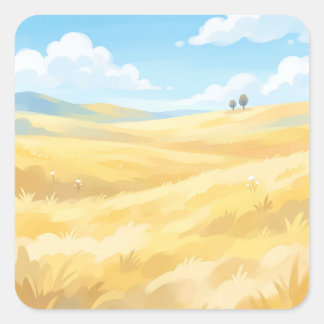 Sticker Carré Golden Wheat Field Under Blue Sky