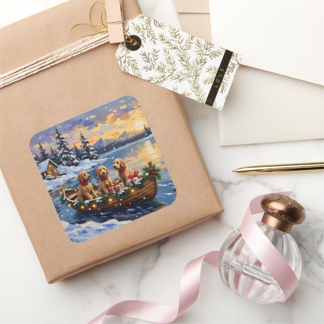 Sticker Carré Goldendoodle Christmas Boat Holiday (Cadeaux)