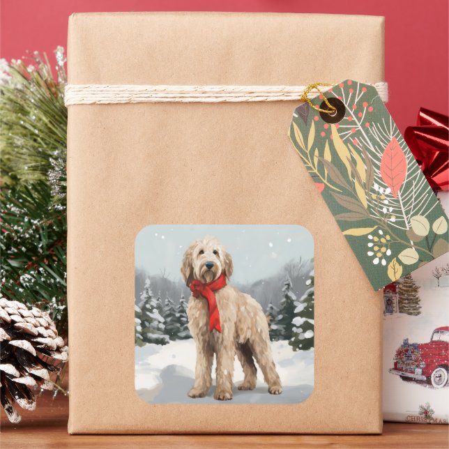 Sticker Carré Goldendoodle dans la neige à Noël  (vacances)