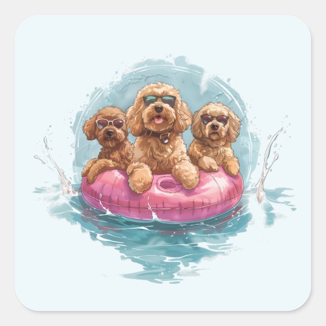 Sticker Carré Goldendoodle Dogs Summer Pineappy Pool Flotte (Devant)