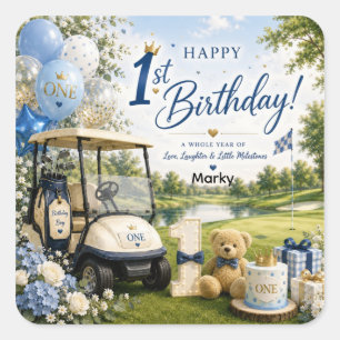 Sticker Carré Golf 1er anniversaire avec voiturette de golf sur 