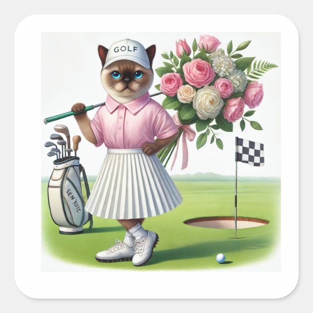 Sticker Carré Golf Anniversaire pour Amoureux des chats Golfer (Devant)