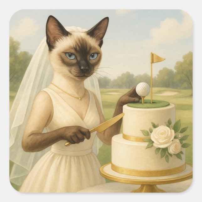 Sticker Carré Golf Cat bride Golfer coupe mariage Cake (Devant)