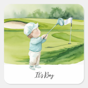 Sticker Carré Golf C'est un garçon pour la Baby Shower  