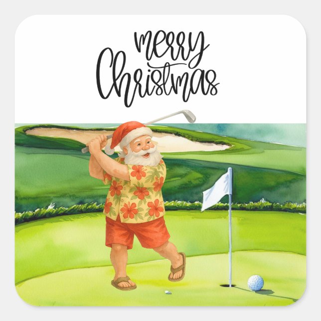 Sticker Carré Golf Joyeux Noël avec le Père Noël au drapeau (Devant)