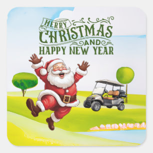 Sticker Carré Golf Joyeux Noël avec Père Noël équitation voiture