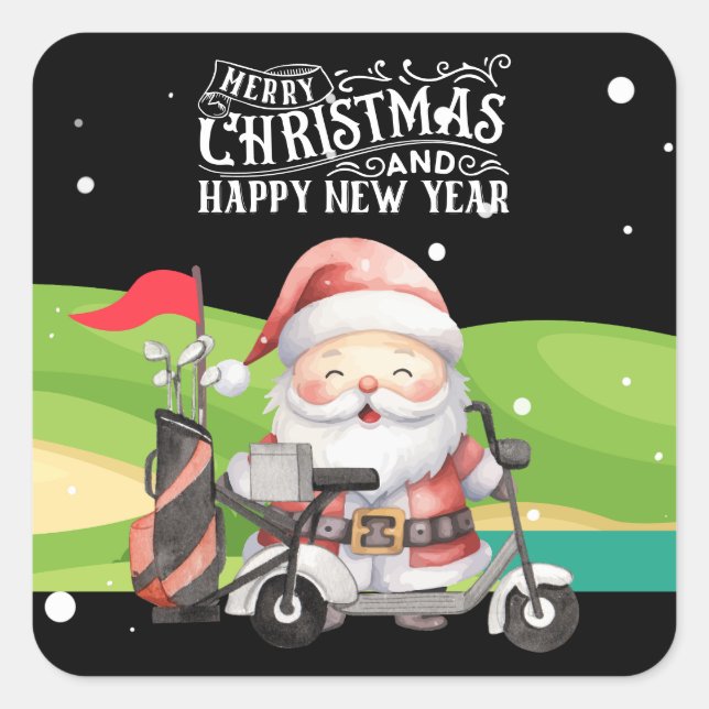 Sticker Carré Golf Joyeux Noël avec Père Noël équitation voiture (Devant)