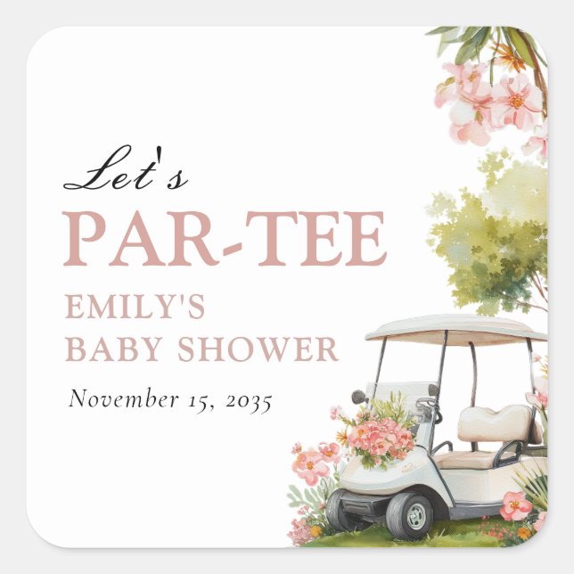 Sticker Carré Golf Let's Par-tee Girl Baby Shower (Devant)