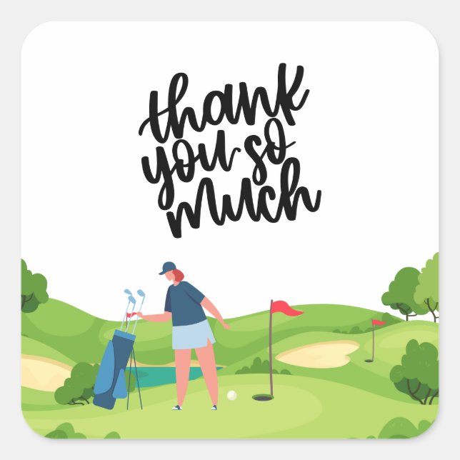 Sticker Carré Golf merci avec une femme golfeuse mise en vert (Devant)