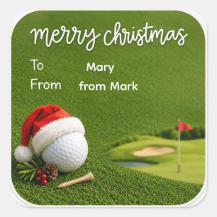 Sticker Carré Golf Noël avec chapeau de père Noël à balle de gol