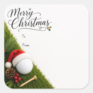 Sticker Carré Golf Noël avec chapeau de Père Noël sur balle de g