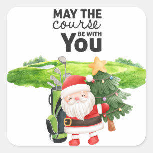 Sticker Carré Golf Noël d'été avec le Père Noël au drapeau