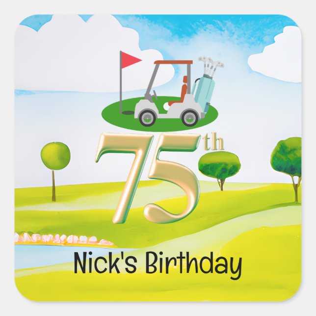 Sticker Carré Golfer 75e anniversaire sur le terrain de golf (Devant)