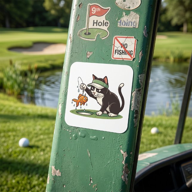 Sticker Carré Golfiste Chat Drôle Pêche Danger d'Eau (Créateur téléchargé)