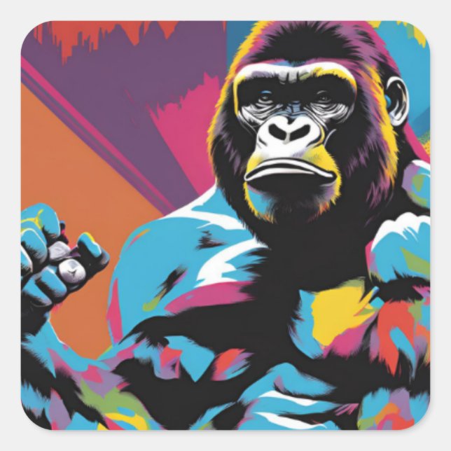 Sticker Carré Gorilla Bodybuilder Poids Lifter Pop Art Cartoon (Devant)