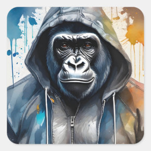 Sticker Carré Gorilla Splatter Art Aquarelle Portrait Sweat - sh
