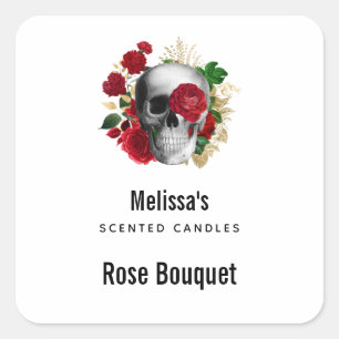 Sticker Carré Goth Crâne avec Fleurs rouges bougie Biz