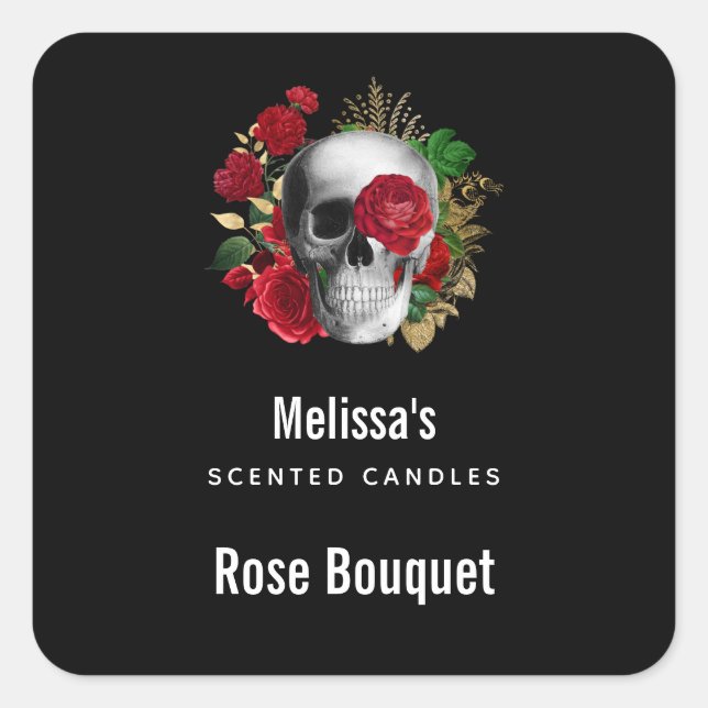 Sticker Carré Goth Crâne avec Fleurs rouges bougie Biz Carré (Devant)