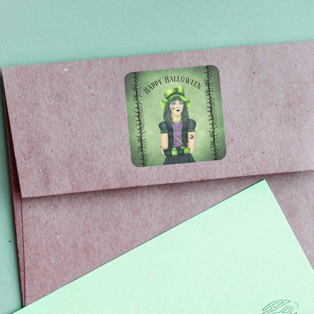 Sticker Carré Goth Girl Green Casquette Jolies Yeux Branches Bar (Gothic girl tattoos green eyes black barbed branches on grunge green Halloween stickers.)