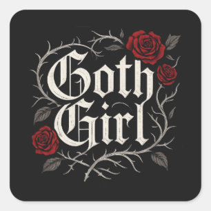 Sticker Carré Goth Girl Red Rose Thorns Typographie Floral Gothi