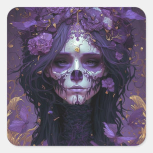 Sticker Carré Goth Skull Woman Dark Imaginaire Art