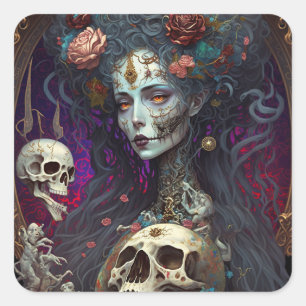 Sticker Carré Goth Skull Zombie Femme Gothique