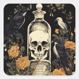 Sticker Carré Goth vintage Skeleton Ski Corbeau Poison Halloween