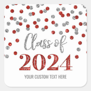 Sticker Carré Graduation Argent Rouge Confetti 2024