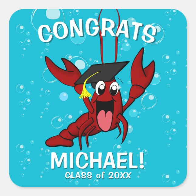 Sticker Carré Graduation Crawfish Bouillir Fruits de mer Cute Bl (Devant)