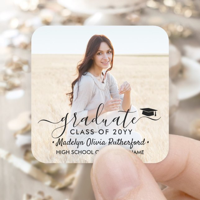 Sticker Carré Graduation Photo & Elegant Black Script Classe Ann (Créateur téléchargé)