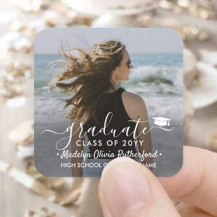 Sticker Carré Graduation Photo & Elegant White Script Classe Ann